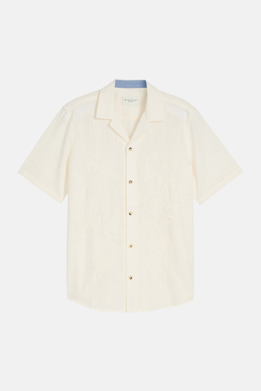 Chemise écru à manches courtes TOM TAILOR avec motif de feuilles intégré, col à revers et boutons clairs.