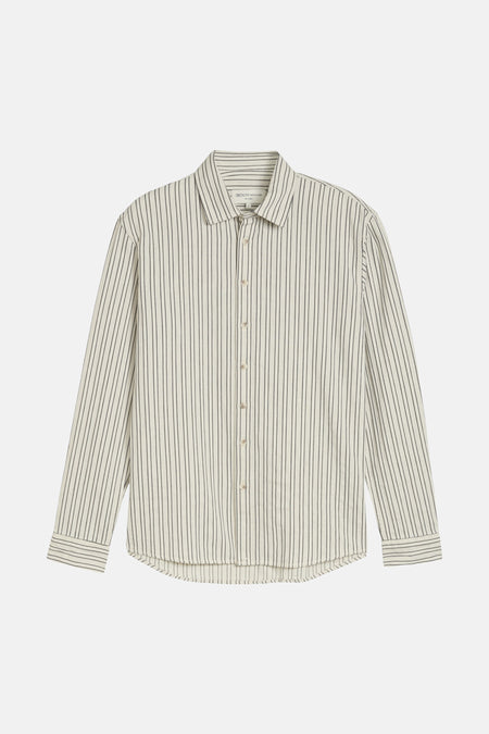 Chemise écru à manches longues de TOM TAILOR, avec un motif à fines rayures et une patte de boutonnage visible.