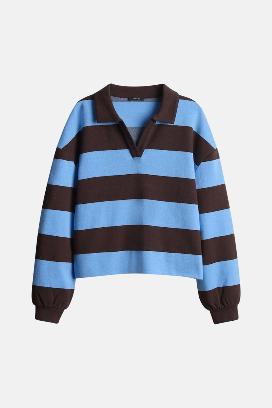 Pull multicolore à col en V d'OPUS, avec des rayures horizontales marron et bleues et des manches longues.