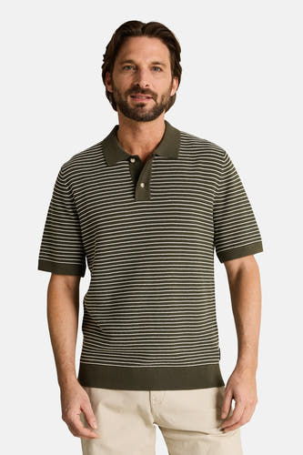 Polo rayée tricotée verte de TOM TAILOR avec des rayures blanches, portée par un homme, vue de dos.