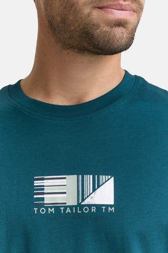 T-shirt bleu à manches courtes de TOM TAILOR TM, avec un imprimé graphique rectangulaire sur le devant.