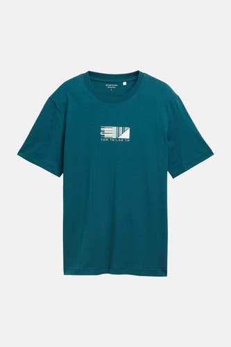 T-shirt bleu à manches courtes de TOM TAILOR TM, avec imprimé graphique de code-barres.