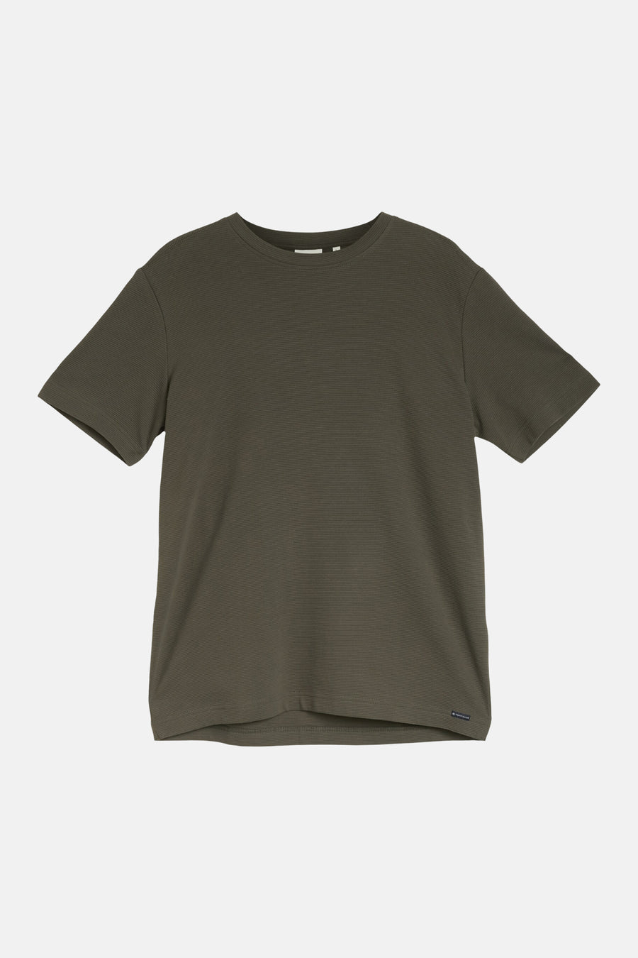 T-shirt à manches courtes de couleur kaki de TOM TAILOR, avec une fine structure côtelée, un col rond et une petite étiquette de marque sur l'ourlet.