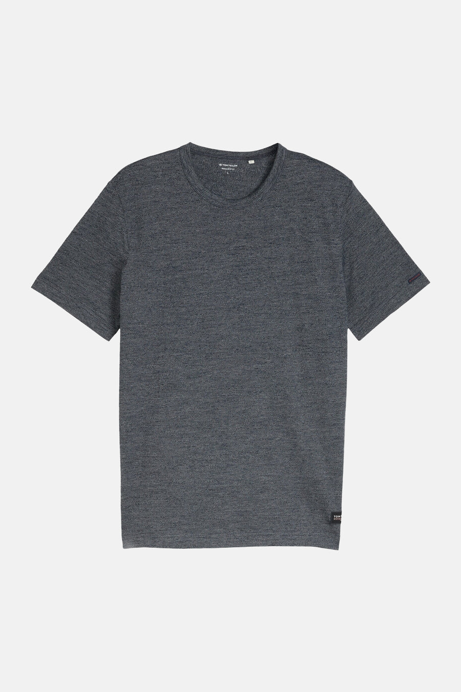 T-shirt bleu à manches courtes de TOM TAILOR, avec une texture subtile et une étiquette sur l'ourlet.