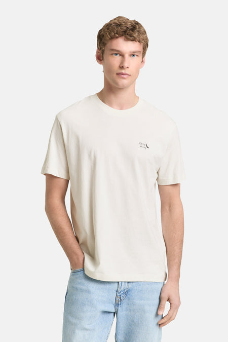 T-shirt écru à manches courtes de TOM TAILOR, vu de dos, combiné avec un jean bleu.