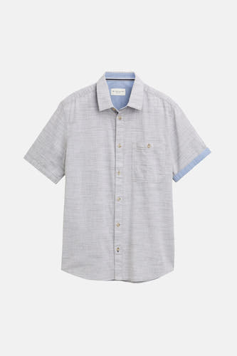 Grijs gestreept korte mouwen overhemd van TOM TAILOR met lichtblauwe binnenzijde en borstzakje, front view