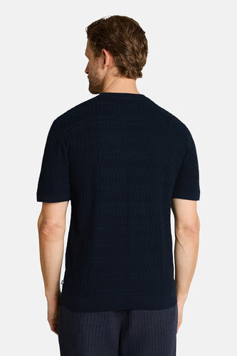 Blauwe ronde hals trui van TOM TAILOR, met golfpatroon en korte mouwen, rugzicht op model