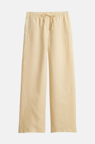 Pantalon de saison pour femme de couleur jaune clair d'OPUS avec taille élastique, cordon de serrage et coutures verticales.