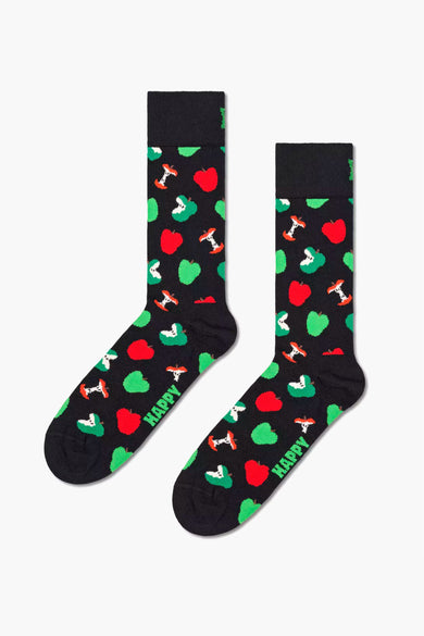 Chaussettes noires de Happy Socks avec une impression de pommes rouges et vertes et de tiges de pomme.