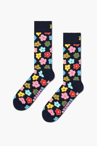 Chaussettes multicolores de Happy Socks avec un motif de fleurs et le mot 'Happy' dessus.