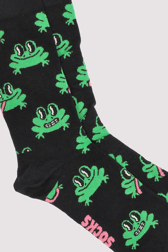 Zwarte sokken van Happy Socks met groene kikkers en roze accenten.
