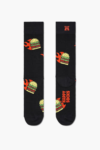 Chaussettes noires de Happy Socks avec un motif de hamburger et de flamme répété.