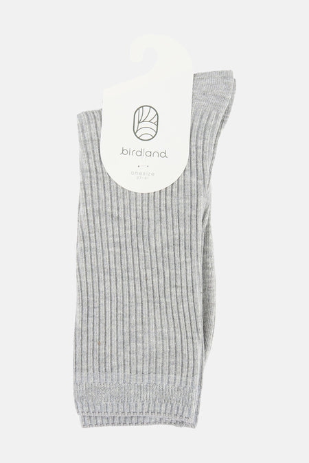Grijze geribbelde sokken van BIRDLAND, gepresenteerd met witte hanger waarop het logo en de maat 37-41 staan.