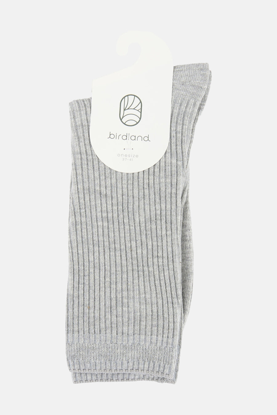 Grijze geribbelde sokken van BIRDLAND, gepresenteerd met witte hanger waarop het logo en de maat 37-41 staan.