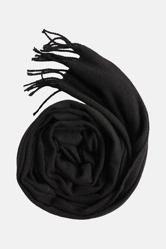 Zwarte wintersjaal van ACCESSORIES BY JACK & JONES, opgerold weergegeven met franjes aan één uiteinde.