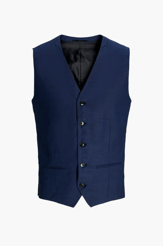 Gilet bleu de PREMIUM par JACK & JONES, avec fermeture à boutons et poches discrètes.