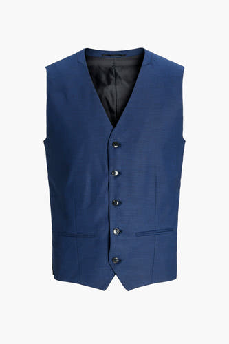 Gilet bleu de PREMIUM par JACK & JONES, avec des boutons noirs et des poches, sur un fond blanc.