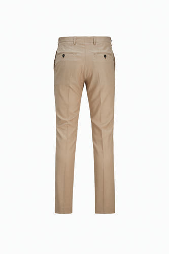 Pantalon de costume beige PREMIUM by JACK & JONES, avec poches arrière et passants, vu de derrière.
