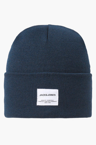 Casquette bleue d'ACCESSORIES BY JACK & JONES, de couleur unie et avec un bord replié portant une étiquette de marque.