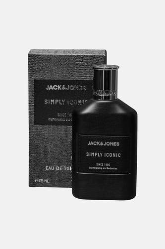 Parfum noir d'ACCESSORIES BY JACK & JONES, avec une texture semblable à du denim sur l'emballage et le flacon.