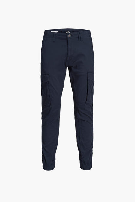 Jean cargo bleu de JACK & JONES JEANS INTELLIGENCE, avec poches et ceinture élastique, vue arrière.