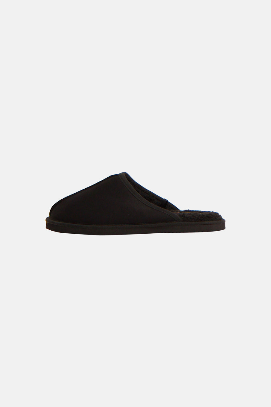 Zwarte slipper van ACCESSORIES BY JACK & JONES met zachte, pluizige voering, zij-aanzicht.