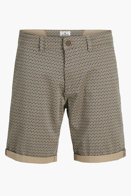 Bermuda beige de JACK & JONES JEANS INTELLIGENCE avec motif bleu marine et pinces relevées.