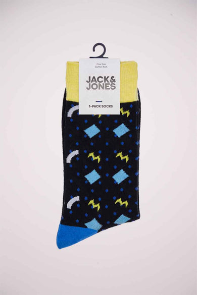 Chaussettes noires d'ACCESSORIES BY JACK & JONES, avec des motifs bleus et jaunes et une pointe bleue.
