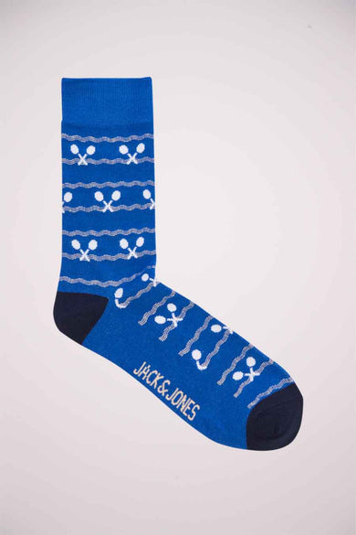 Chaussettes bleues d'ACCESSORIES BY JACK & JONES avec un motif de raquette de tennis blanc et des orteils bleu marine.