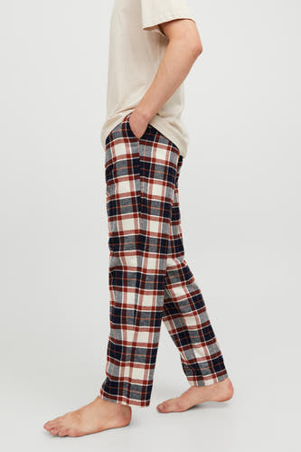 Witte pyjamabroek van ACCESSORIES BY JACK & JONES met een geruit patroon in rood en marineblauw, in zijaanzicht.

