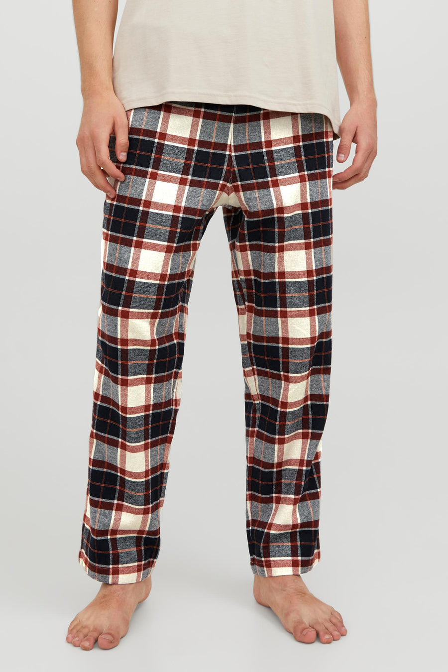 Pantalon de pyjama blanc d'ACCESSORIES BY JACK & JONES, avec un motif à carreaux rouge et bleu.