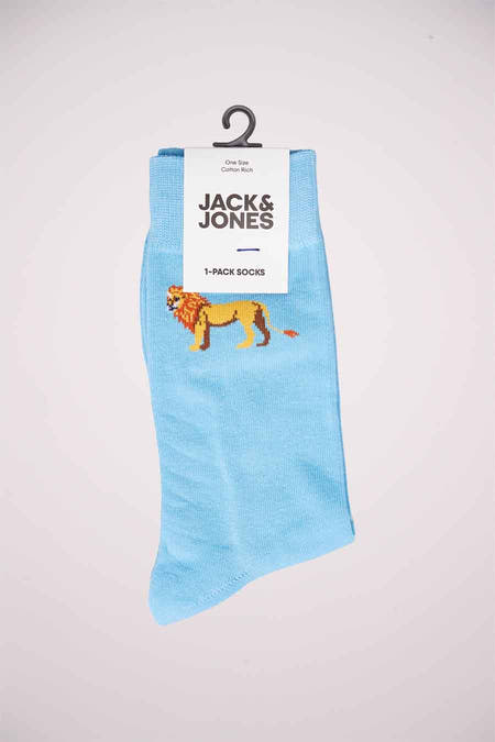 Lichtblauwe sokken van ACCESSORIES BY JACK & JONES, met een leeuwenmotief en een effen boord.