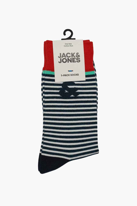 Blauw gestreepte sokken van ACCESSORIES BY JACK & JONES, met een marineblauwe teen en een klein logo.
