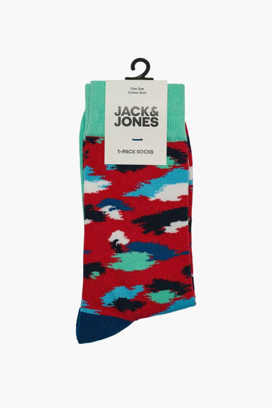 Chaussettes avec un motif rouge par ACCESSORIES BY JACK & JONES, avec des détails bleus et blancs.
