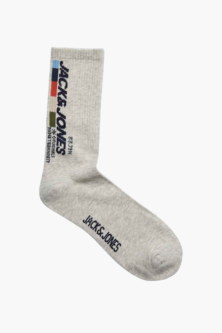 Chaussettes grises d'ACCESSORIES BY JACK & JONES avec des rayures multicolores et le logo de la marque.