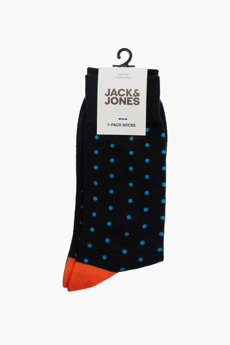 Zwarte sokken van ACCESSORIES BY JACK & JONES met blauwe stippen en oranje teen en hiel.
