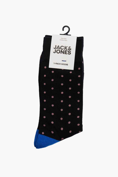 Zwarte sokken van ACCESSORIES BY JACK & JONES, met blauwe teen en roze stippen.