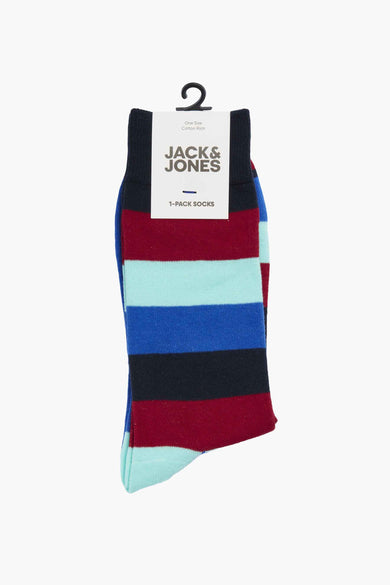 Gestreepte sokken van ACCESSORIES BY JACK & JONES met blauwe, rode en turquoise strepen.