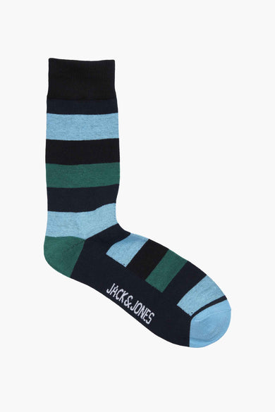 Chaussettes en coton rayées d'ACCESSORIES BY JACK & JONES, avec un motif rayé alternant en bleu, noir et vert.