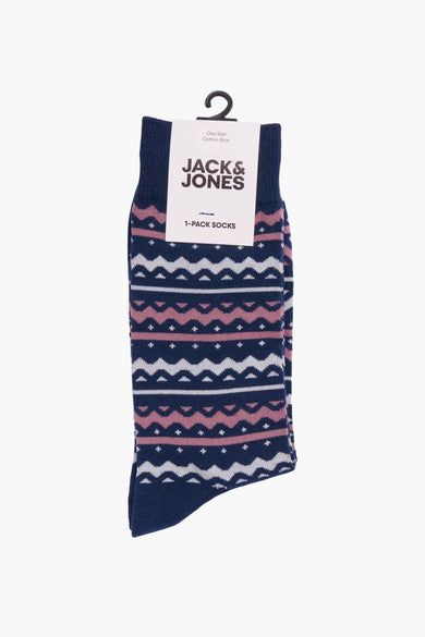 Donkerblauwe Jack & Jones sok met roze en witte zigzagpatronen.