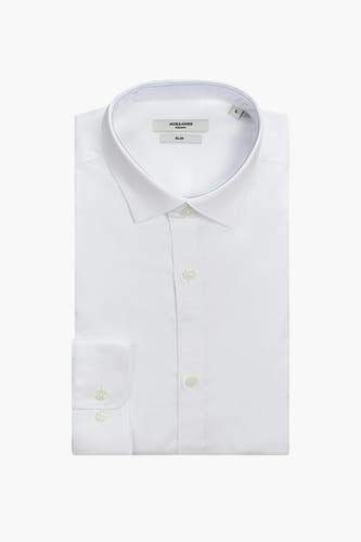 Wit overhemd met lange mouwen van PREMIUM by JACK & JONES, effen ontwerp met knoopsluiting en manchetten.