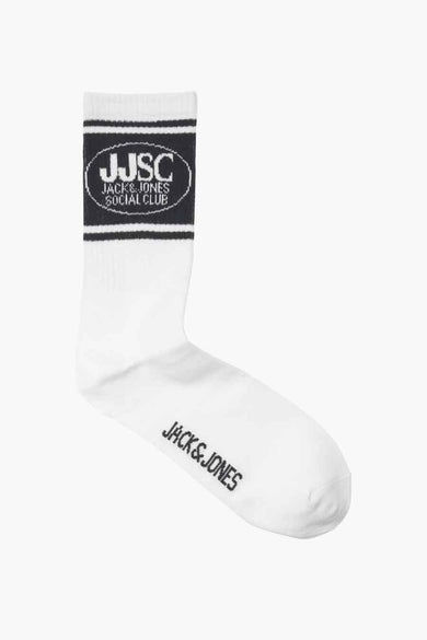 Chaussettes blanches d'ACCESSORIES BY JACK & JONES, avec une bande bleue foncée et des logos.