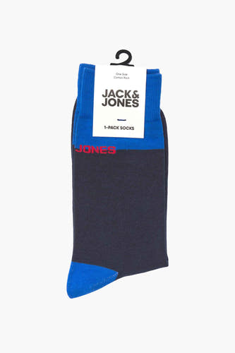 Blauwe katoenen sokken van ACCESSORIES BY JACK & JONES, met een donkergrijs vlak en rode merknaam.