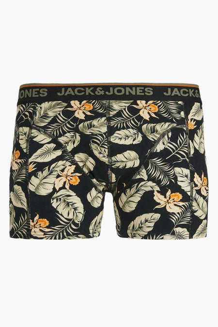 Boxers noirs avec motif tropical de feuilles et de fleurs de ACCESSORIES BY JACK & JONES, dotés d'une ceinture élastique avec logo.