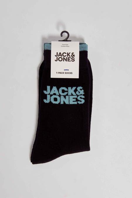Chaussettes noires d'ACCESSORIES BY JACK & JONES, avec des détails bleus et le logo de la marque.