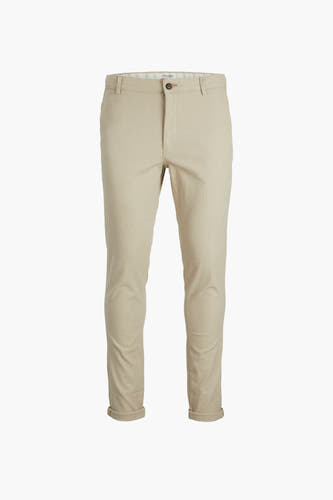 Chino beige de JACK & JONES JEANS INTELLIGENCE, avec une texture subtile et des ourlets de pantalon repliés.