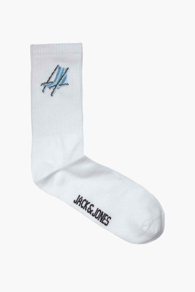 Chaussettes blanches de JACK & JONES avec motif graphique bleu et noir et logo de la marque.