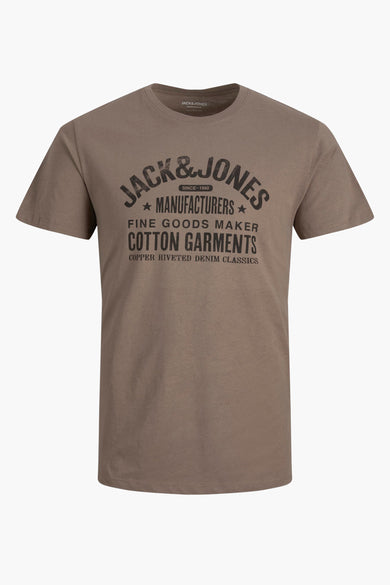 T-shirt en coton marron à col rond de PREMIUM BLUE by JACK & JONES, avec imprimé graphique noir sur la poitrine.