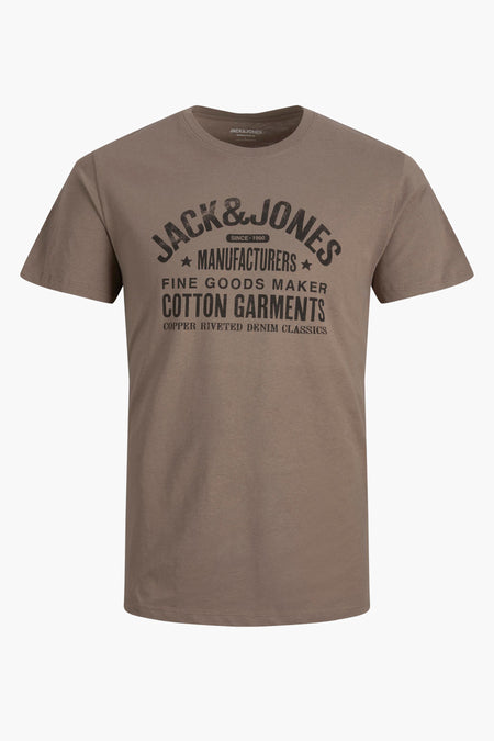 T-shirt en coton marron à col rond de PREMIUM BLUE by JACK & JONES, avec imprimé graphique noir sur la poitrine.