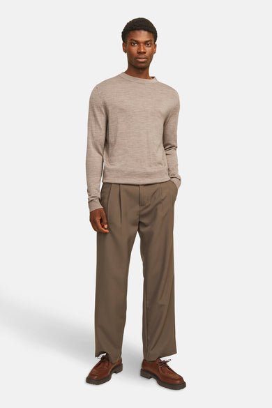 Sweat-shirt gris avec col rond de PREMIUM by JACK & JONES, porté avec un pantalon kaki et des chaussures marron.